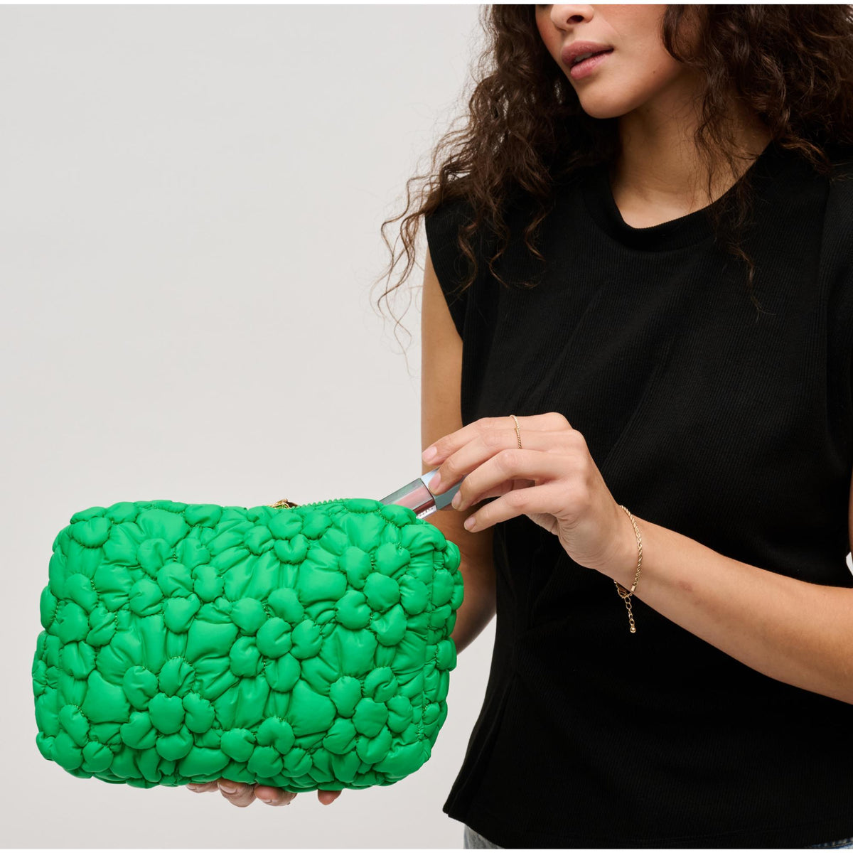 Woman wearing Kelly Green Urban Essentials Flora Pop - Nylon Cosmetic & Travel Organizer Pouch 840611144201 View 2 | Kelly Green