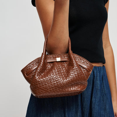 Woman wearing Cognac Urban Expressions Selena - Embossed Woven Crossbody 840504212154 View 1 | Cognac