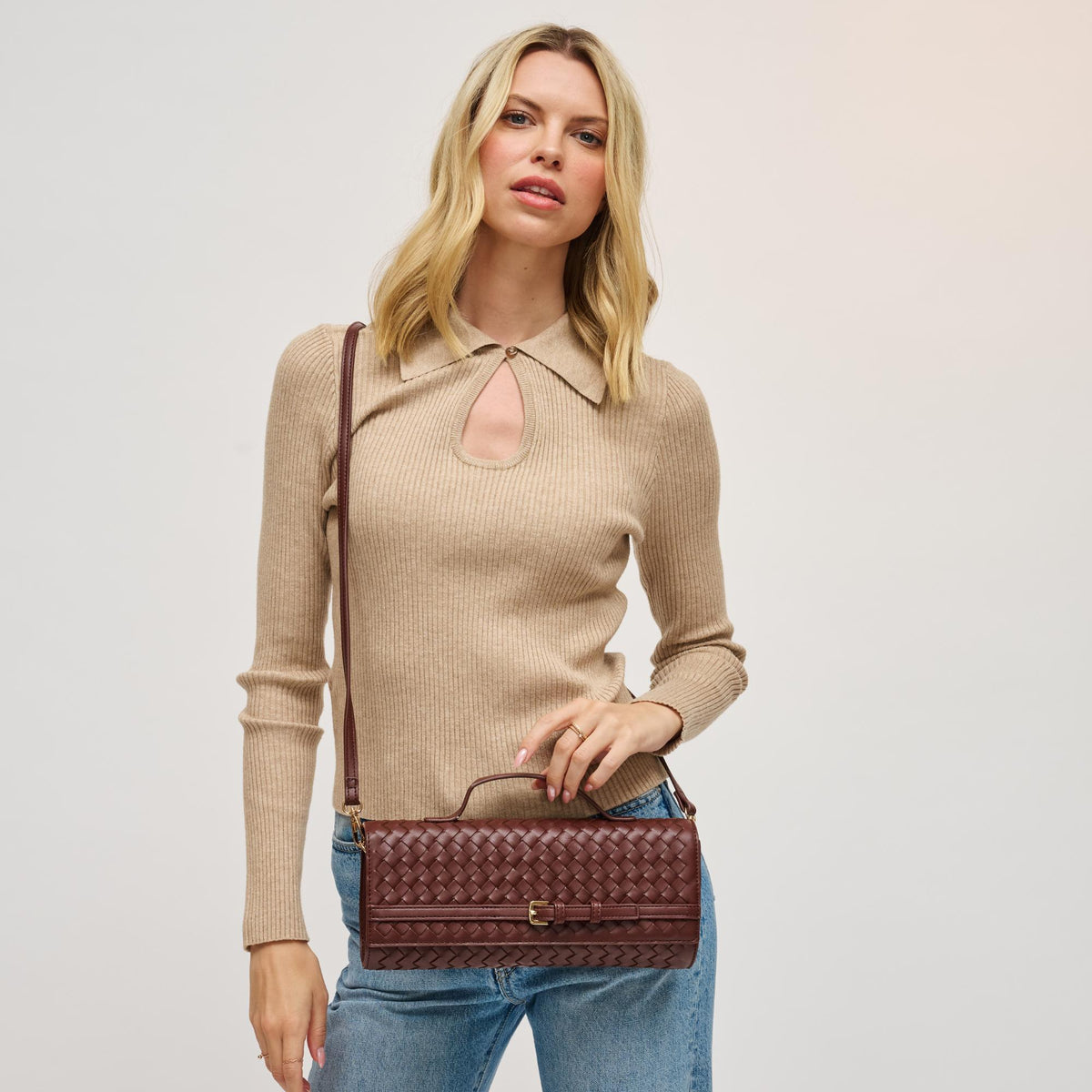 Woman wearing Chocolate Urban Expressions Emerson Crossbody 840611198358 View 1 | Chocolate