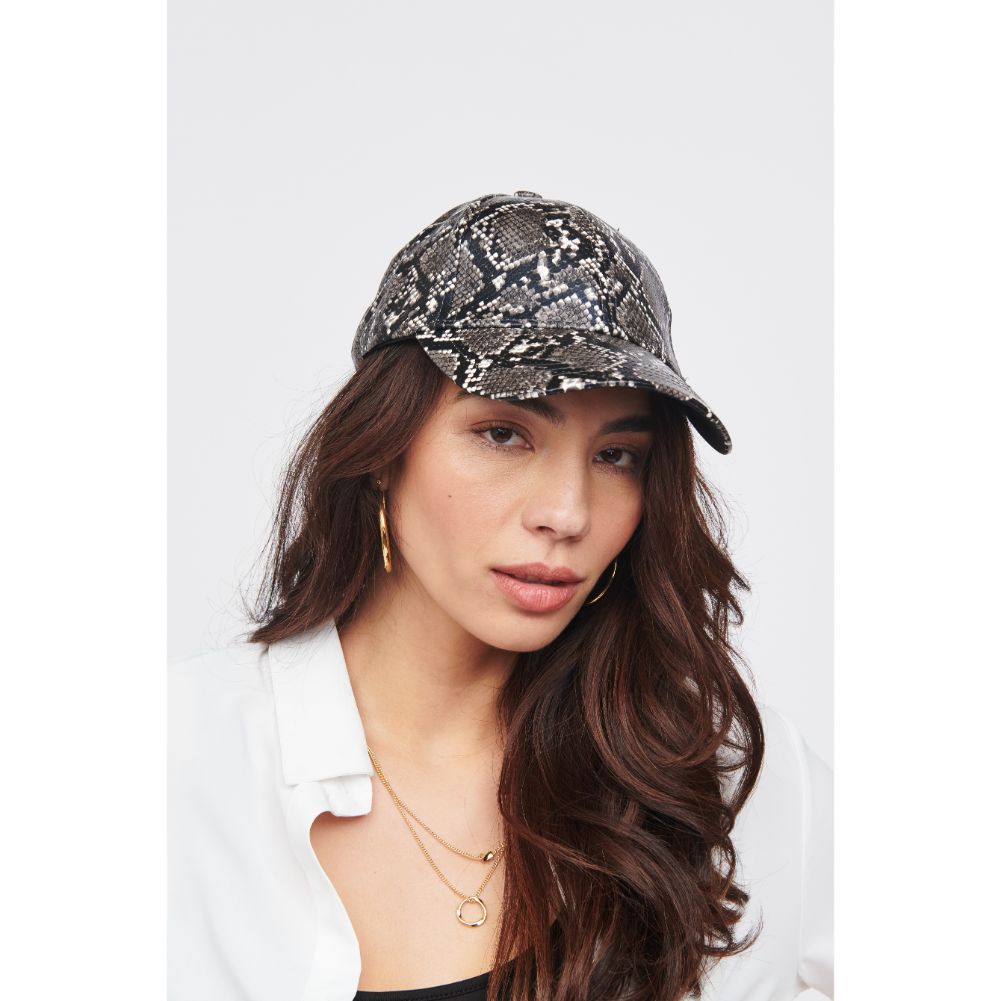 Woman wearing Black White Snake Urban Expressions Vegan Leather Baseball Hat Baseball Cap 818209014724 View 2 | Black White Snake