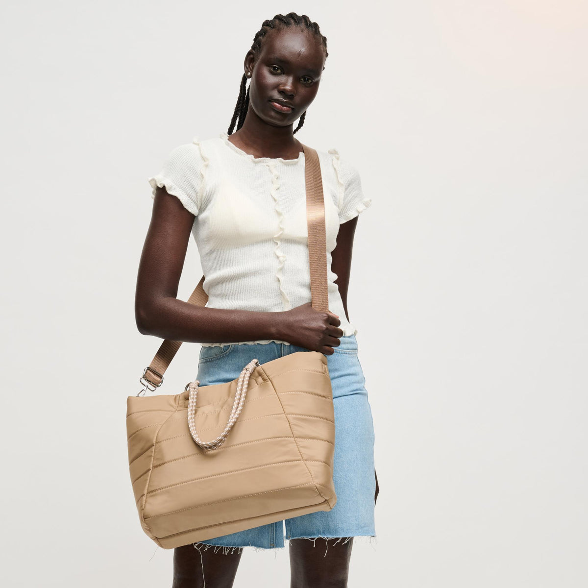 Woman wearing Nude Urban Expressions Lyla Tote 840504206153 View 3 | Nude