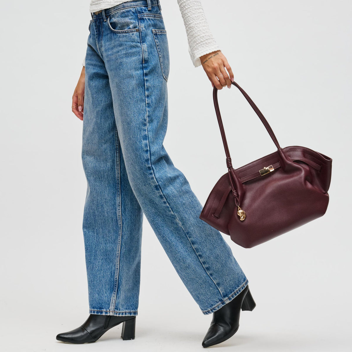 Woman wearing Wine Urban Expressions Monroe Satchel 840504200830 View 2 | Wine