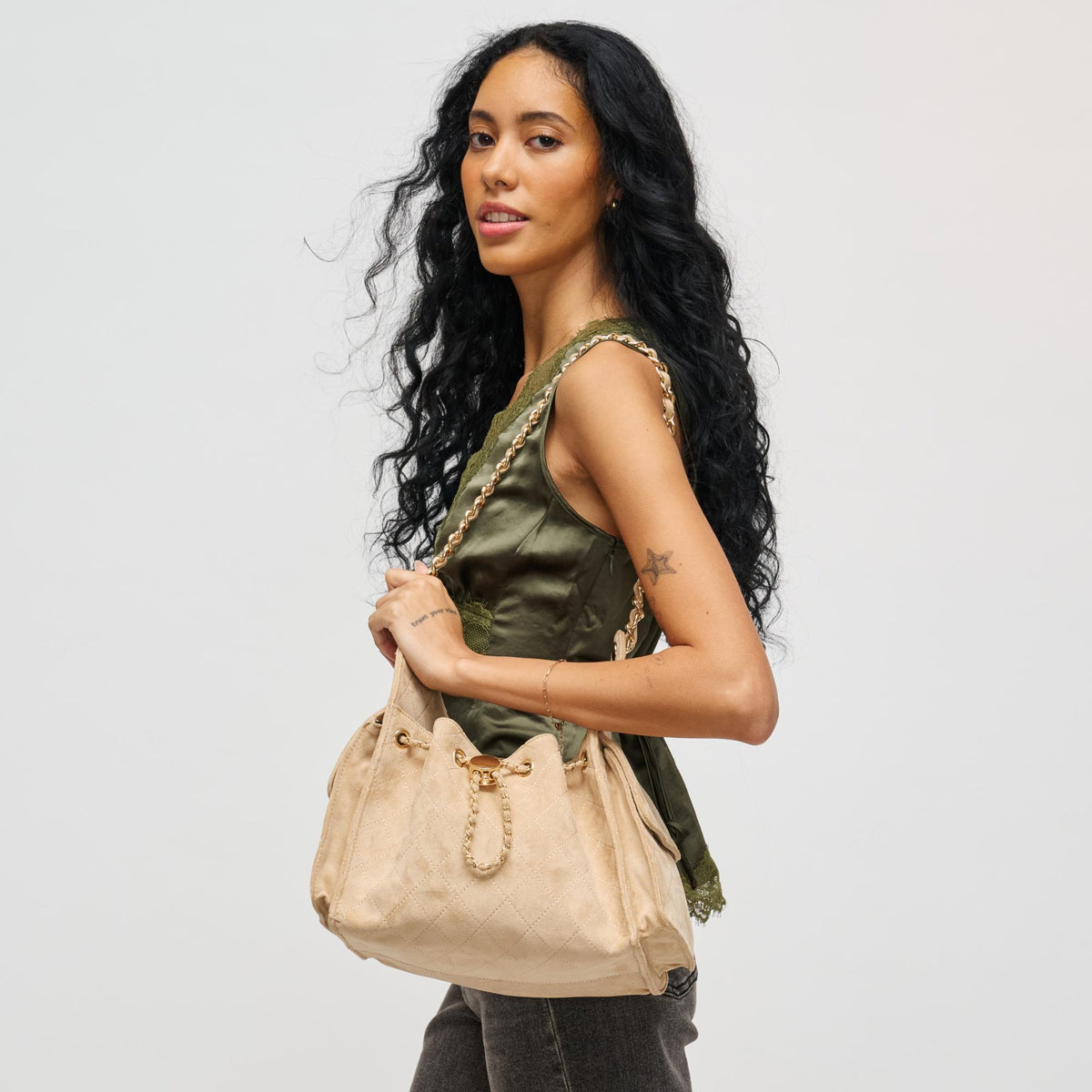 Woman wearing Natural Urban Expressions Willow - Quilted Faux Suede Hobo 840611198297 View 1 | Natural