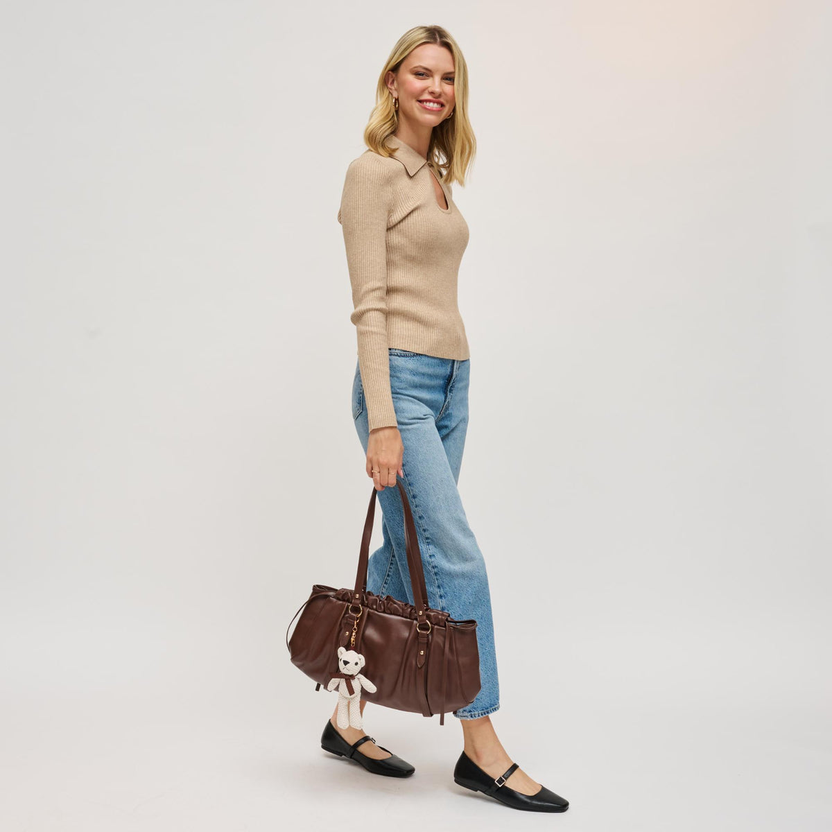 Woman wearing Chocolate Urban Expressions Pattington Shoulder Bag 840611199119 View 4 | Chocolate
