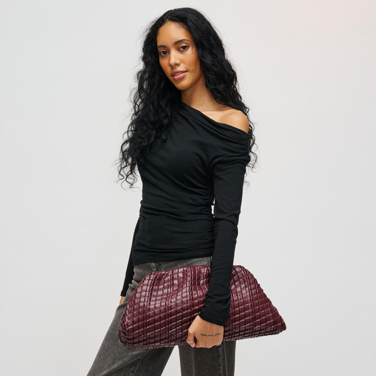 Woman wearing Wine Urban Expressions Veronica Clutch 840611198389 View 1 | Wine