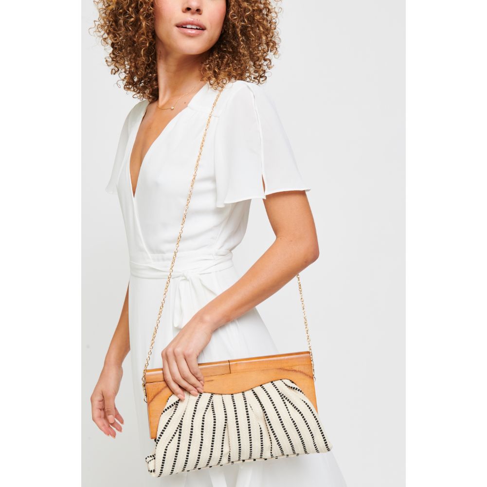 Woman wearing Black White Stripe Urban Expressions Calypso Clutch 840611182166 View 1 | Black White Stripe