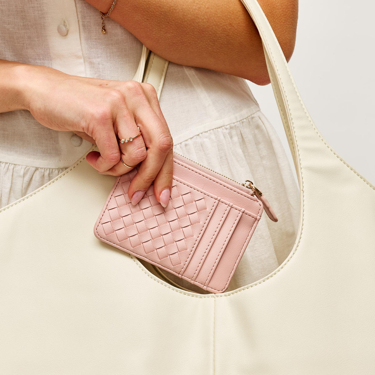 Woman wearing Pink Urban Expressions Bryer Card Holder 840504207778 View 1 | Pink