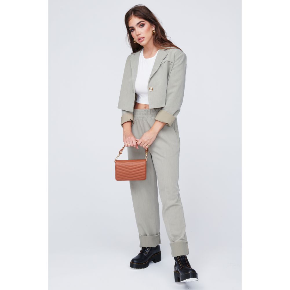Woman wearing Tan Urban Expressions Genny - Chevron Stitch Crossbody 818209011082 View 4 | Tan