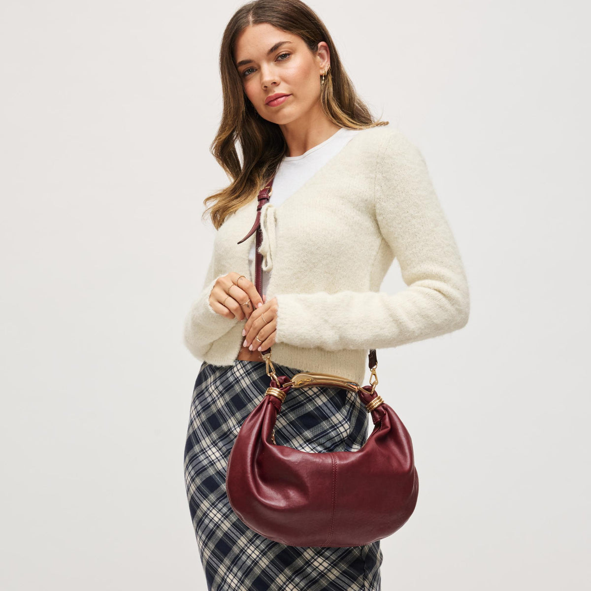 Woman wearing Wine Urban Expressions Carrie Crossbody 840611199805 View 1 | Wine