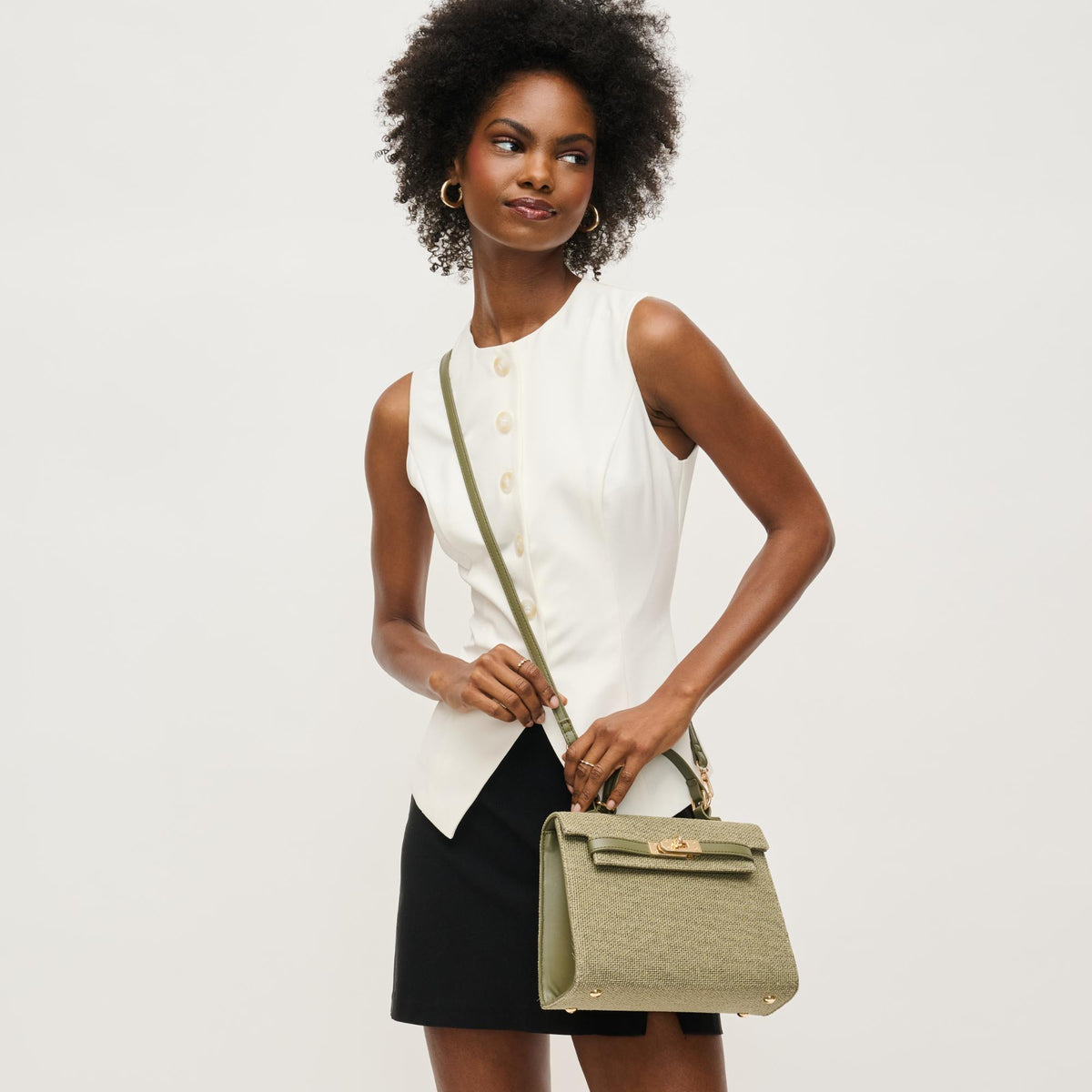 Woman wearing Sage Urban Expressions Adeline Crossbody 840611151087 View 3 | Sage