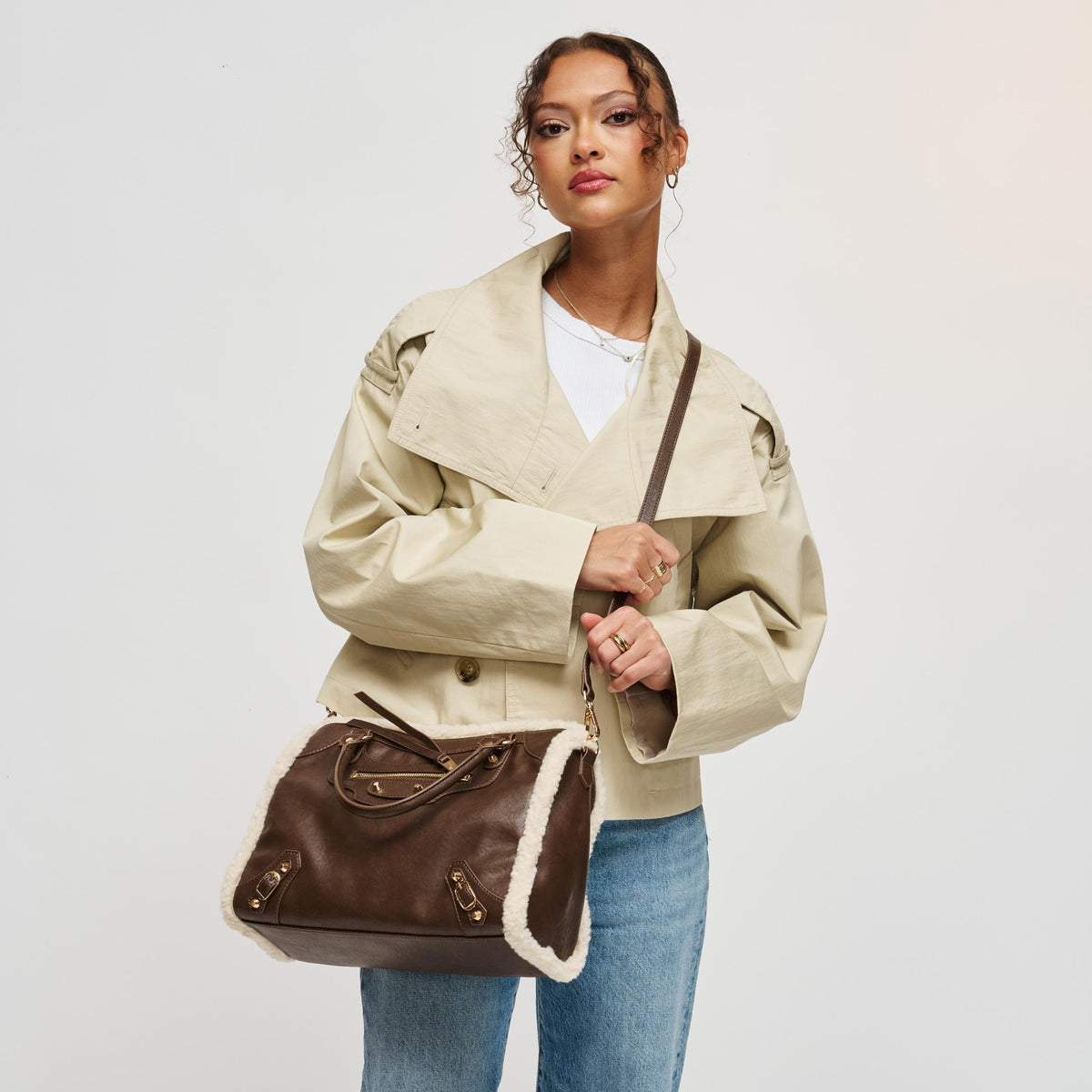 Woman wearing Chocolate Urban Expressions Seraphina Satchel 840504211928 View 1 | Chocolate