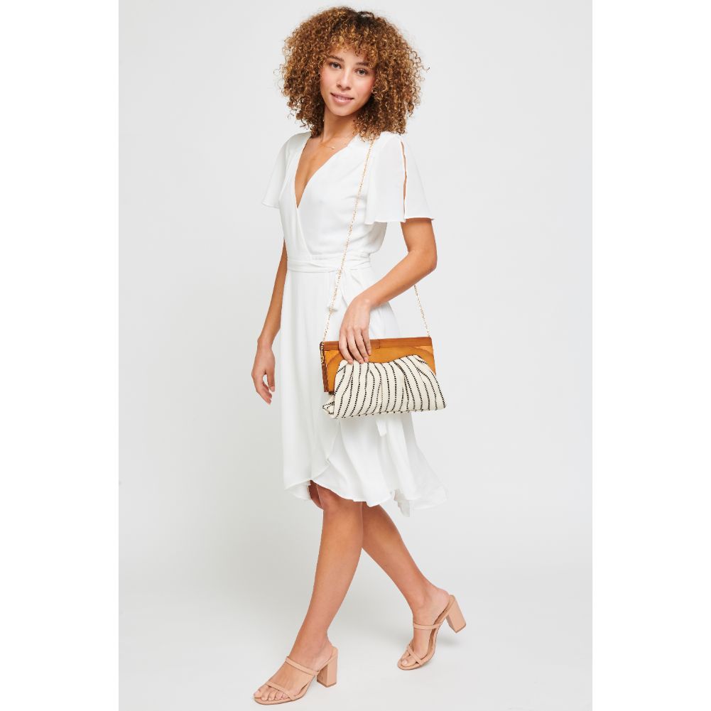 Woman wearing Black White Stripe Urban Expressions Calypso Clutch 840611182166 View 4 | Black White Stripe