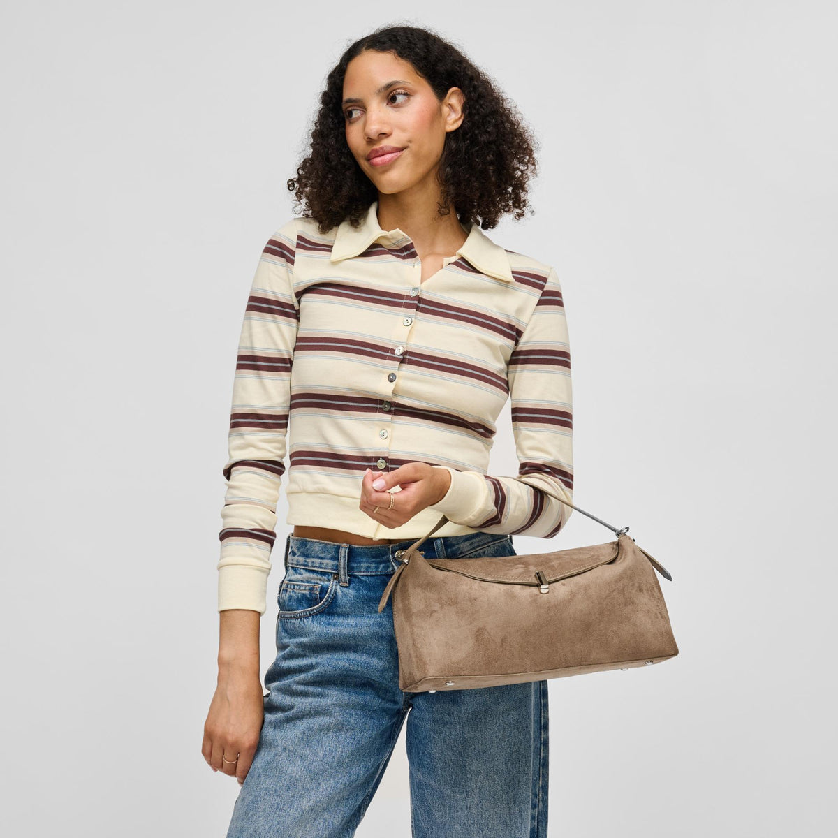 Woman wearing Taupe Urban Expressions Evermore Crossbody 840504212833 View 3 | Taupe