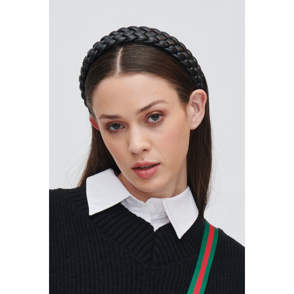 Woman wearing Black Urban Expressions Braided Vegan Leather Headband Headband 818209014281 View 1 | Black