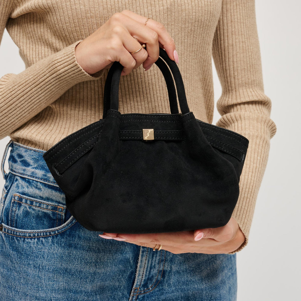 Woman wearing Black Urban Expressions Selena - Faux Suede Crossbody 840611199188 View 1 | Black