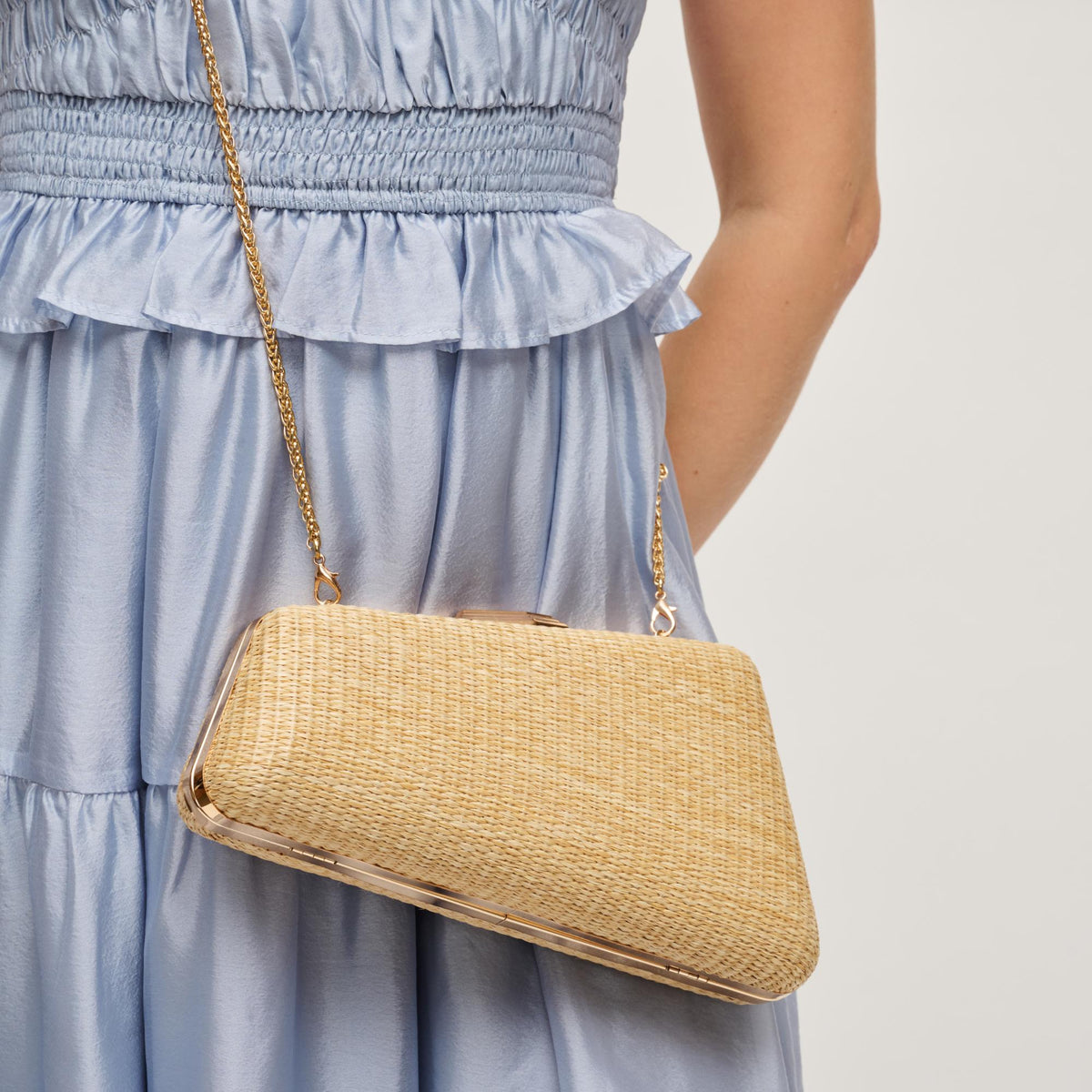 Woman wearing Natural Urban Expressions Irene - Straw Asymmetrical Evening Bag 840504203022 View 3 | Natural