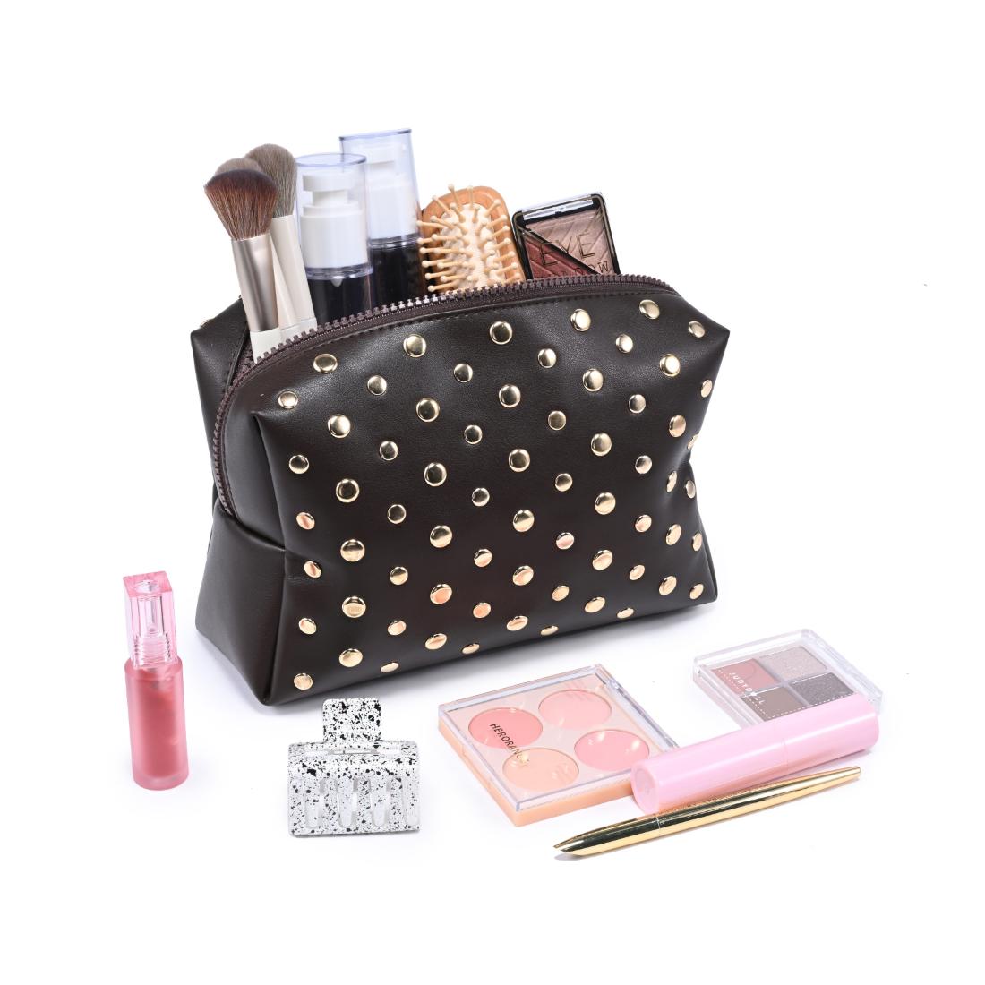 Woman wearing Espresso Urban Essentials Stud Collective Cosmetic & Travel Organizer Pouch 840504210495 View 1 | Espresso