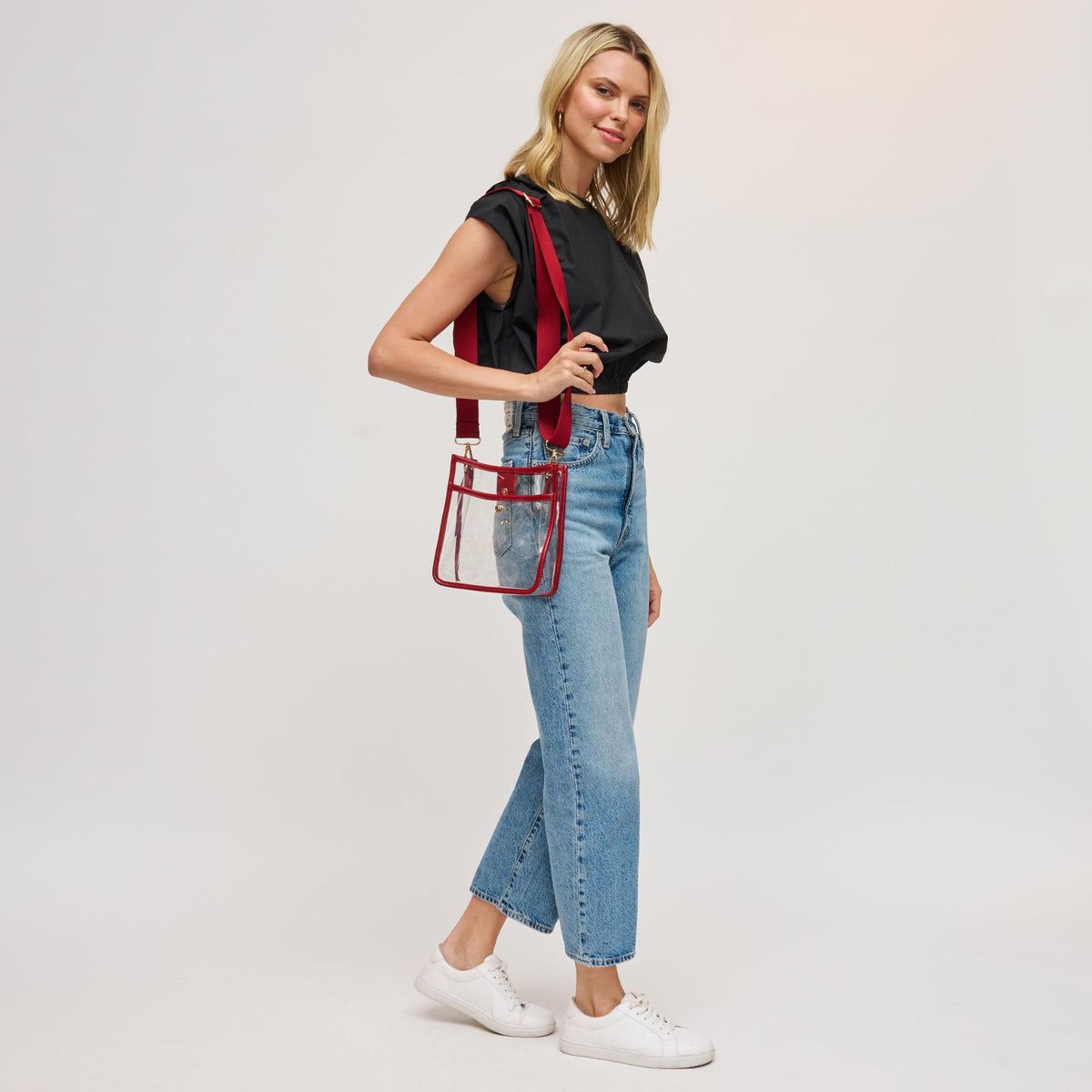 Woman wearing Red Urban Expressions Beckham - Clear Crossbody 840504201400 View 3 | Red