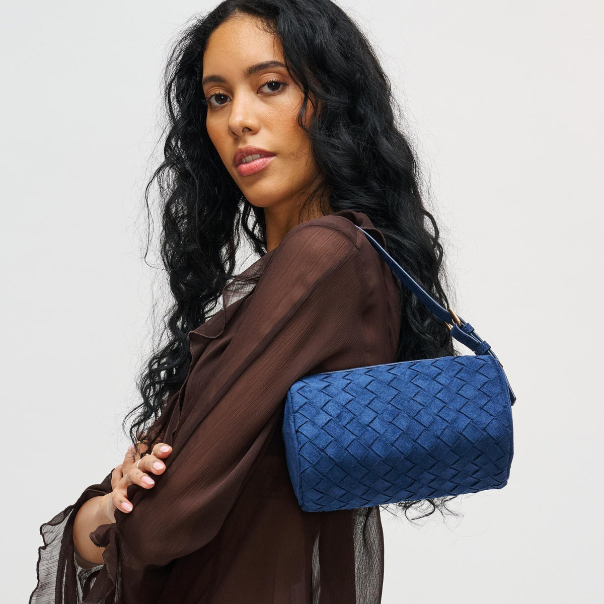 Woman wearing Midnight Urban Expressions Rose Shoulder Bag 840611199393 View 1 | Midnight