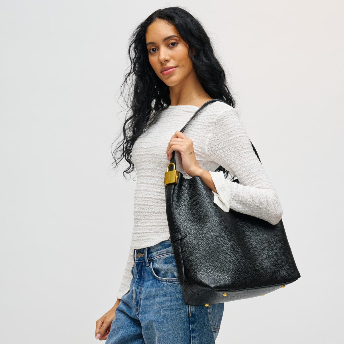 Woman wearing Black Urban Expressions Matty Hobo 840611198488 View 2 | Black