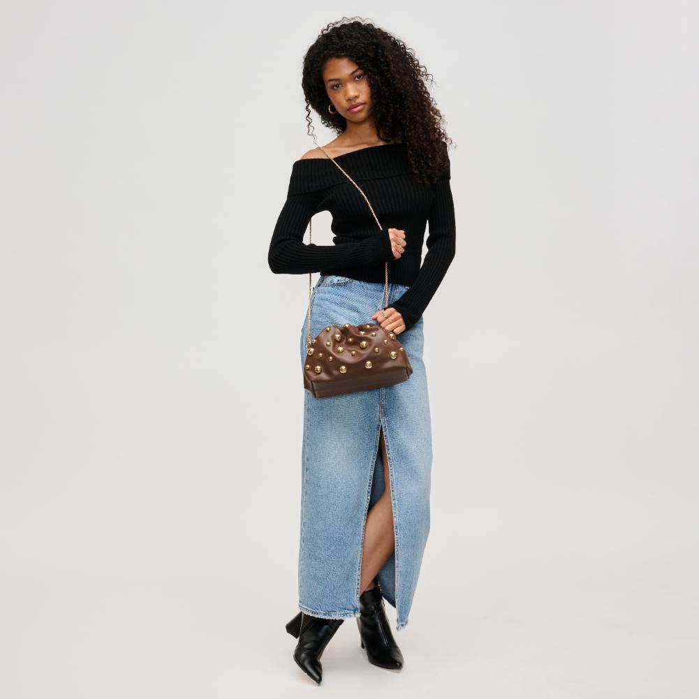 Woman wearing Chocolate Urban Expressions Carey Clutch 840611193803 View 2 | Chocolate