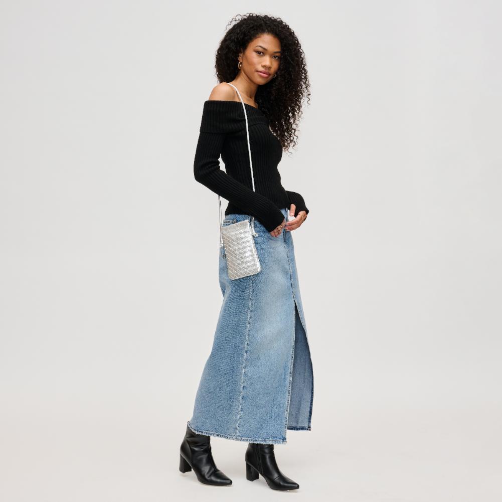 Woman wearing Silver Urban Expressions Jackie Crossbody 840611141989 View 3 | Silver