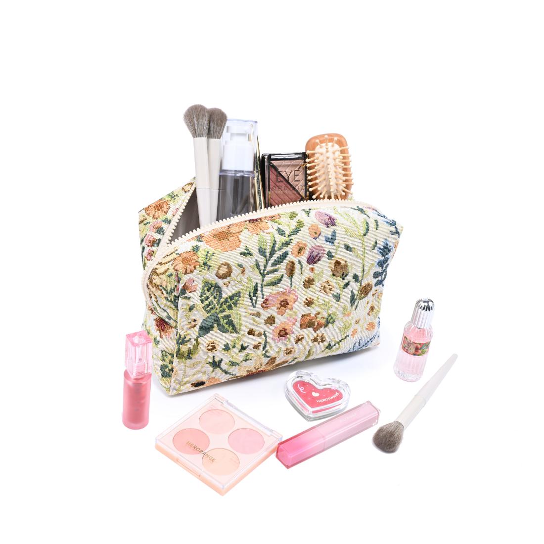 Woman wearing Black Urban Essentials Garden Tapestry Cosmetic & Travel Organizer Pouch 840504209857 View 1 | Black