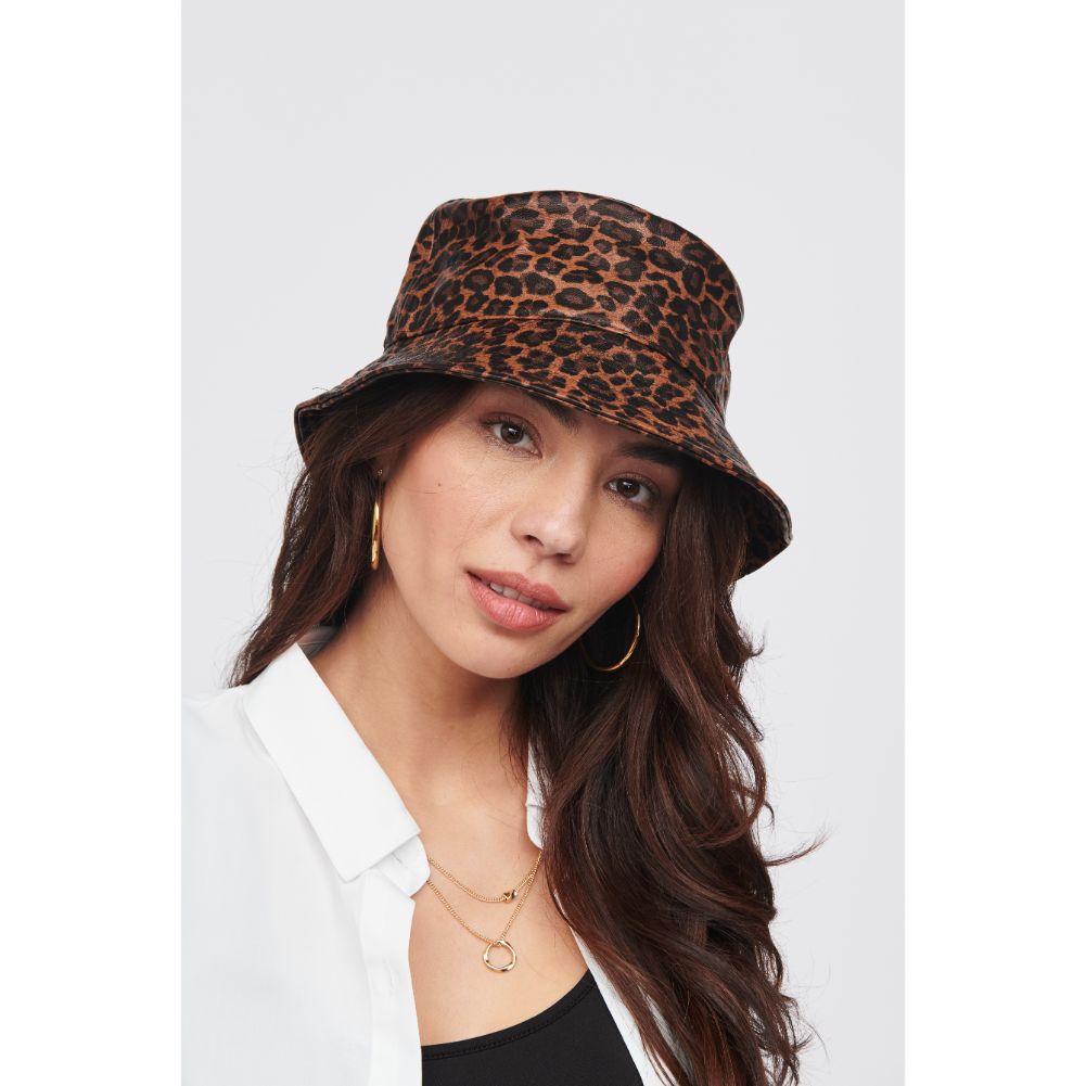 Woman wearing Leopard Urban Expressions Vegan Leather Bucket Hat Bucket Hat 818209014816 View 1 | Leopard