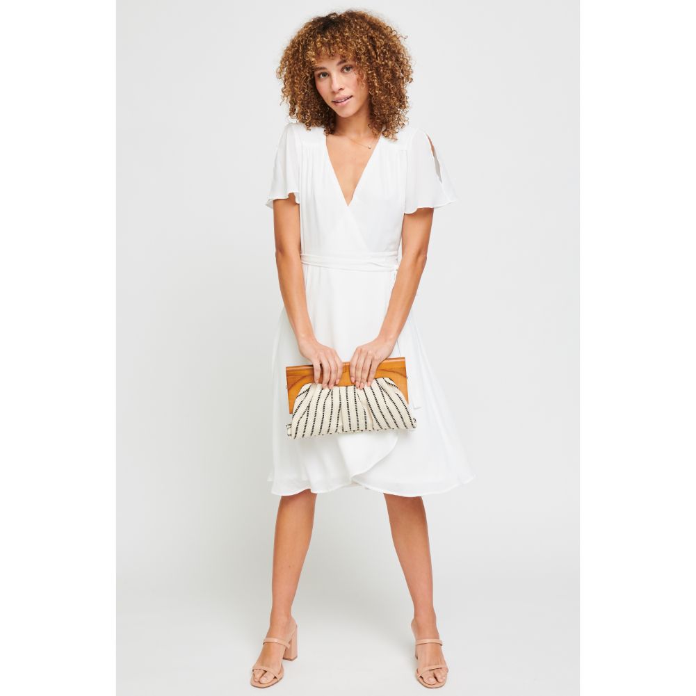 Woman wearing Black White Stripe Urban Expressions Calypso Clutch 840611182166 View 3 | Black White Stripe