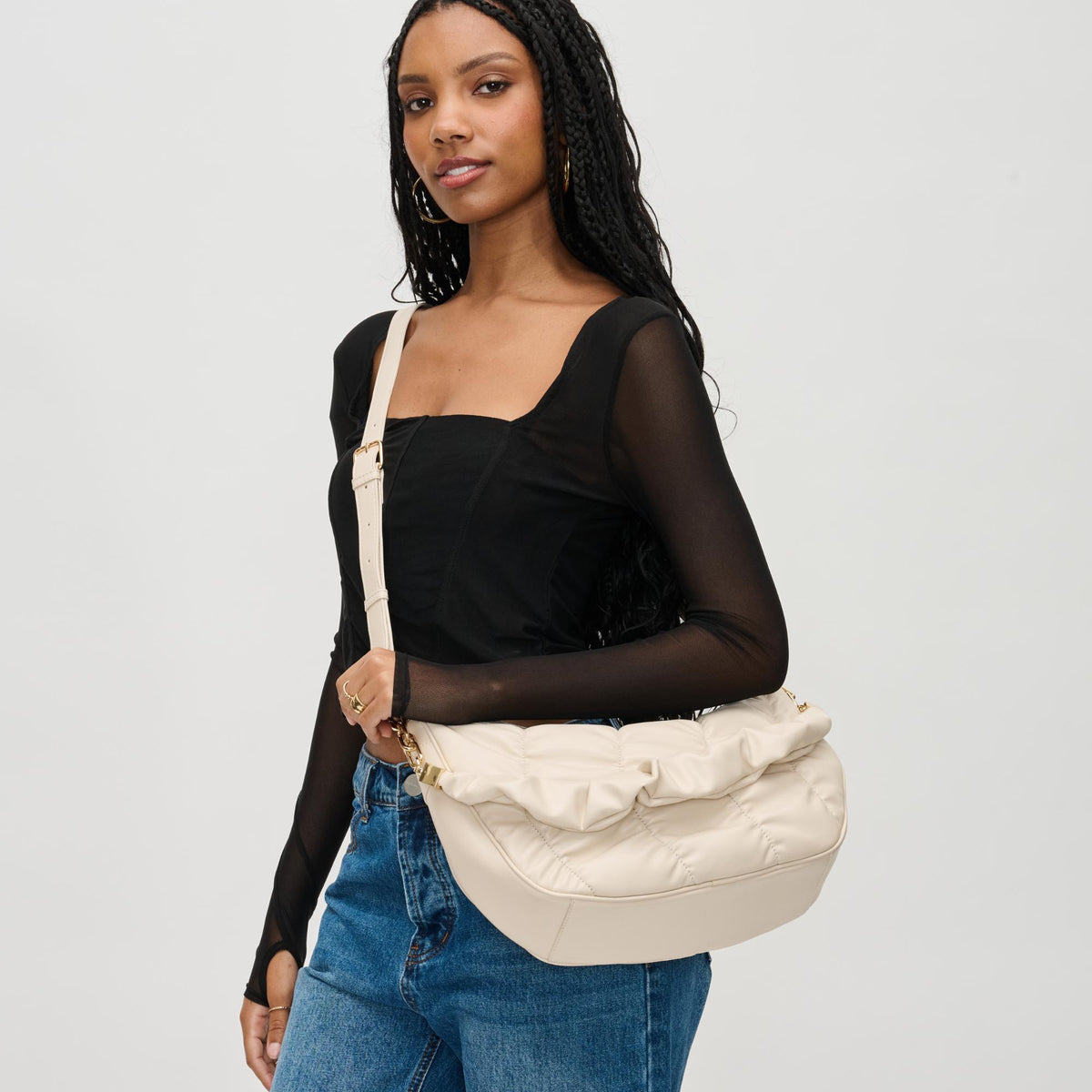 Woman wearing Oatmilk Urban Expressions Whitney Crossbody 840611130587 View 3 | Oatmilk