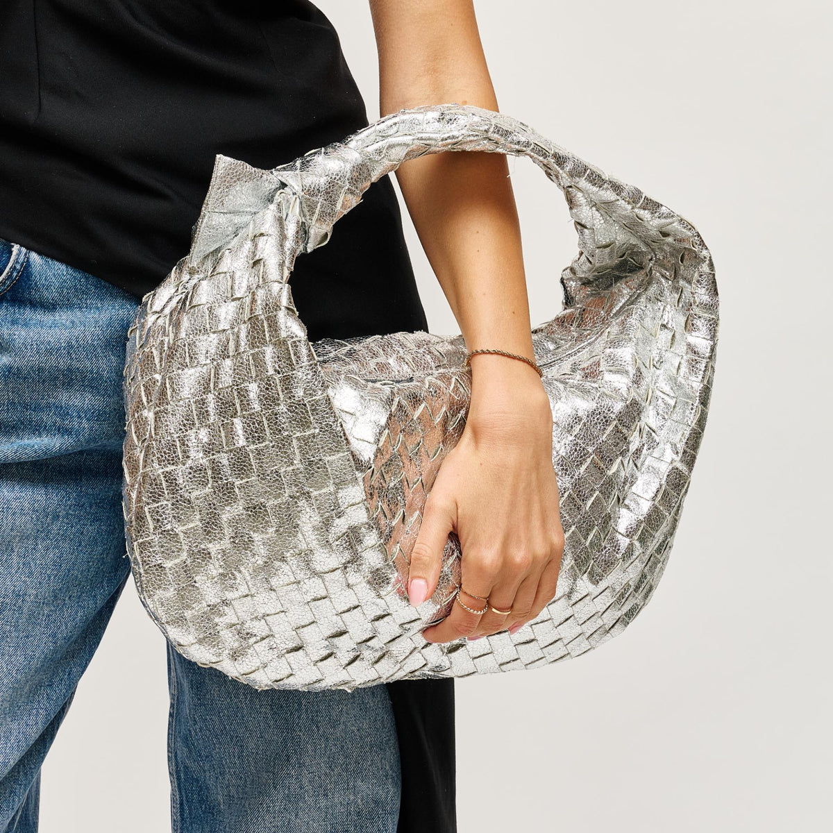 Woman wearing Silver Urban Expressions Dollie Hobo 840611128430 View 2 | Silver