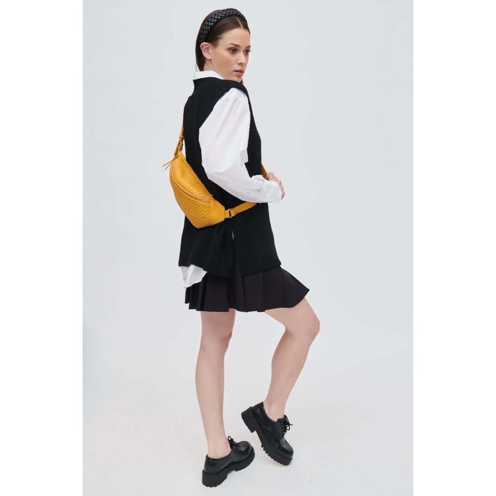 Woman wearing Mustard Urban Expressions Theos Belt Bag 840611107367 View 3 | Mustard