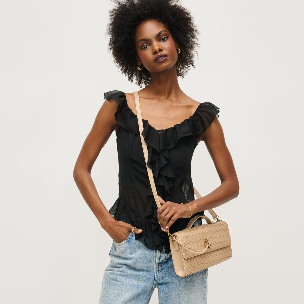 Woman wearing Nude Urban Expressions Ada Crossbody 840611161444 View 3 | Nude