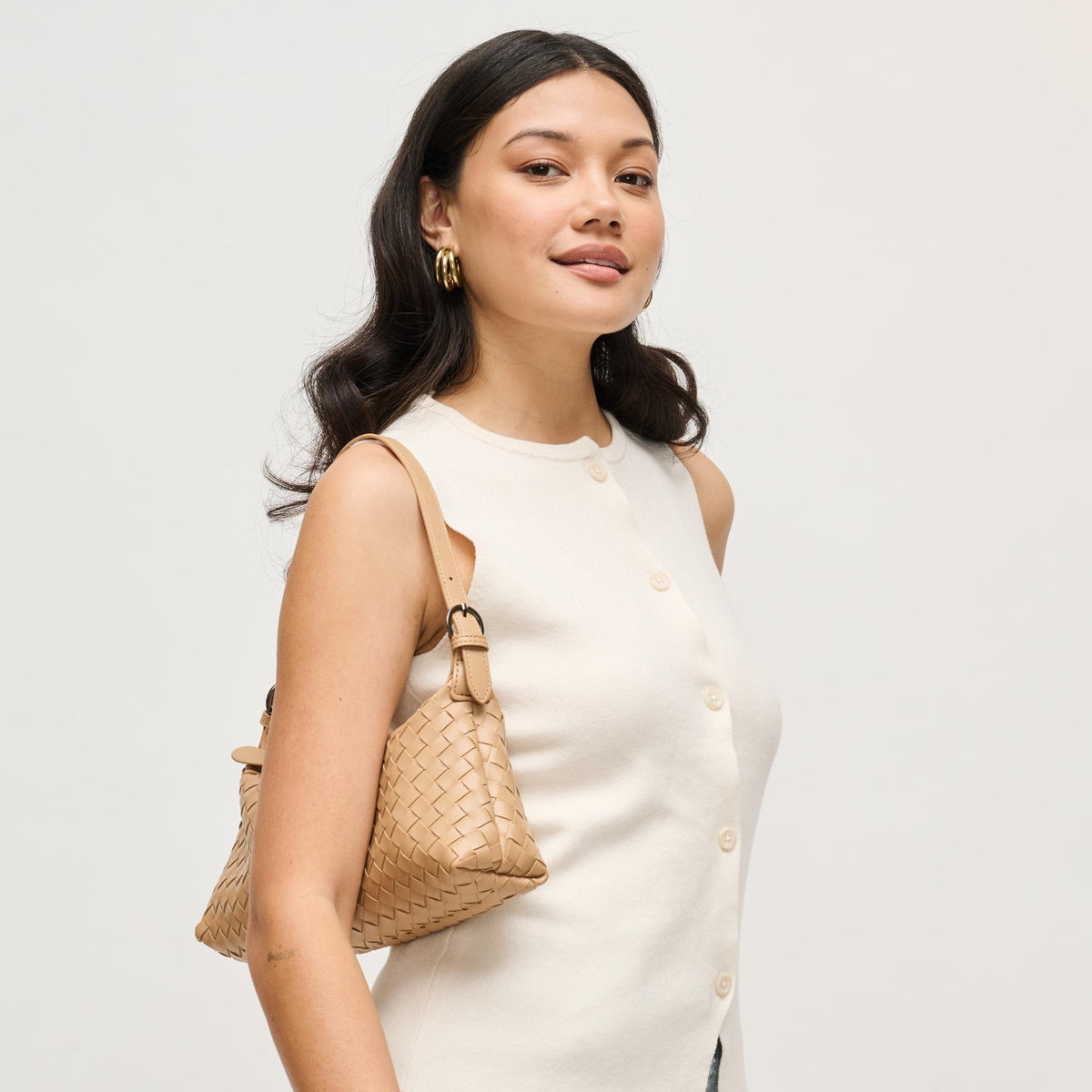 Woman wearing Camel Urban Expressions Audrey Shoulder Bag 840504204098 View 4 | Camel