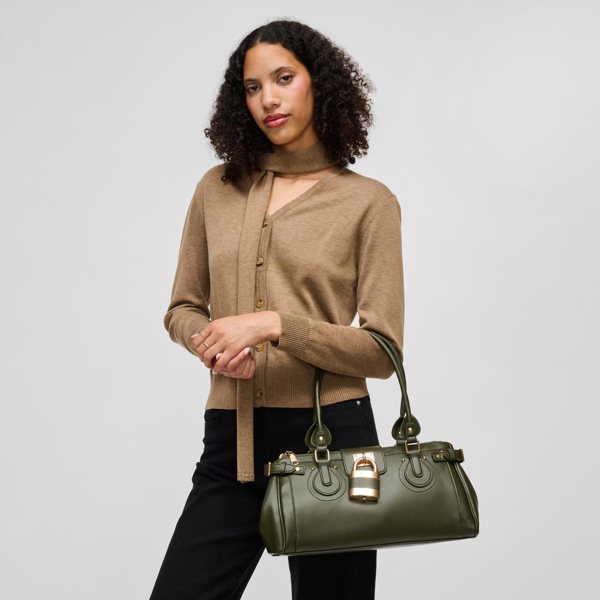 Woman wearing Olive Urban Expressions Moda Satchel 840504211683 View 1 | Olive