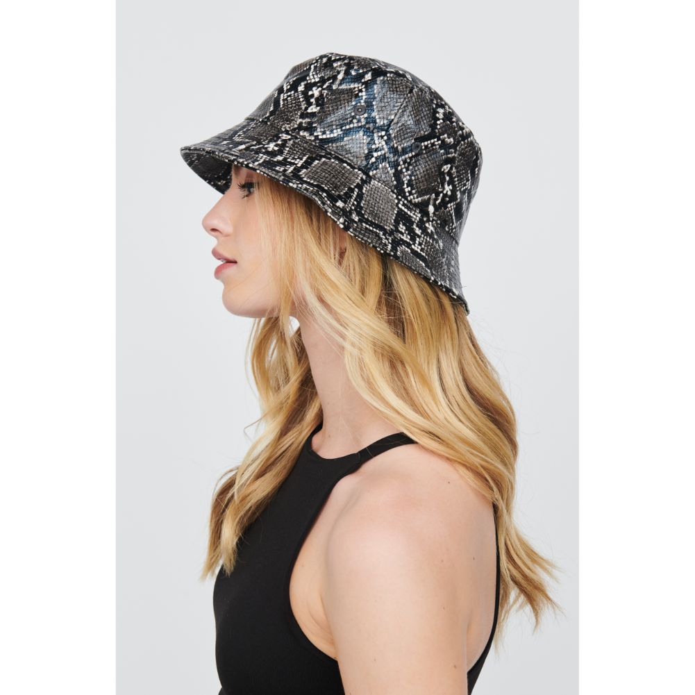 Woman wearing Black White Snake Urban Expressions Vegan Leather Bucket Hat Bucket Hat 818209014793 View 2 | Black White Snake