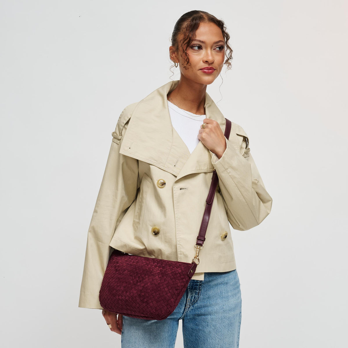 Woman wearing Burgundy Urban Expressions Jordan - Fur Crossbody 840504211843 View 1 | Burgundy