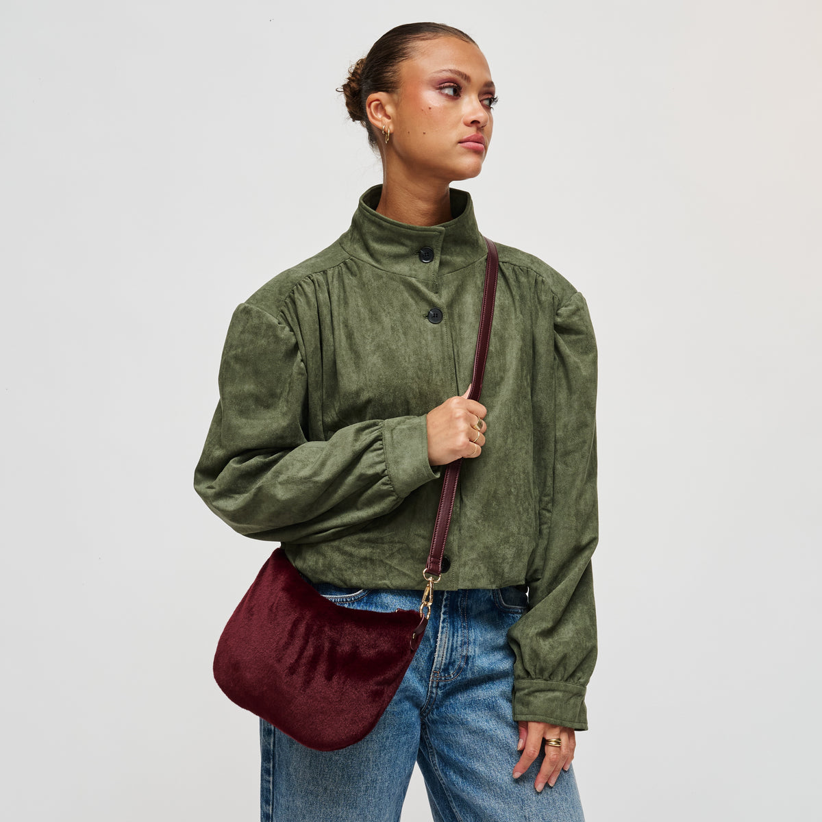 Woman wearing Burgundy Urban Expressions Jordan - Faux Fur Crossbody 840504211843 View 2 | Burgundy