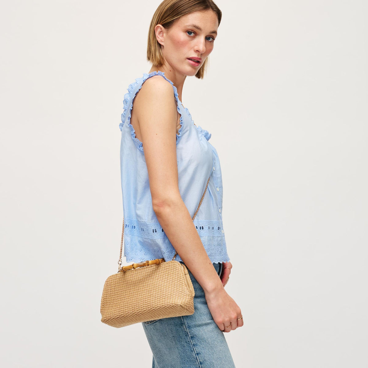 Woman wearing Natural Urban Expressions Lucy - Straw Crossbody 840611154378 View 3 | Natural