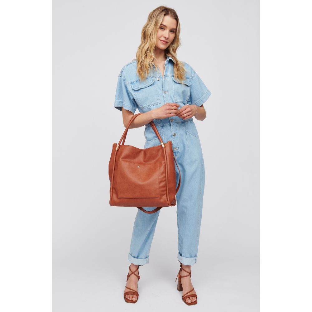 Woman wearing Tan Urban Expressions Deborah Tote 818209016797 View 3 | Tan