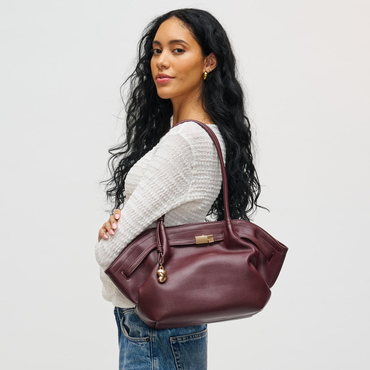 Woman wearing Wine Urban Expressions Monroe Satchel 840504200830 View 1 | Wine