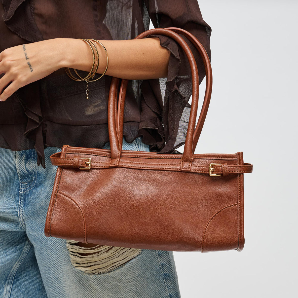 Woman wearing Cognac Urban Expressions Jade Crossbody 840611198259 View 1 | Cognac