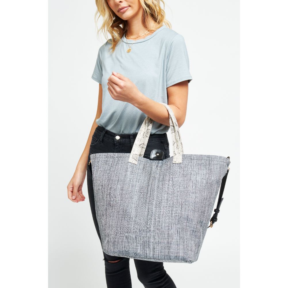 Woman wearing Black White Snake Urban Expressions Maeve Tote 840611181411 View 4 | Black White Snake