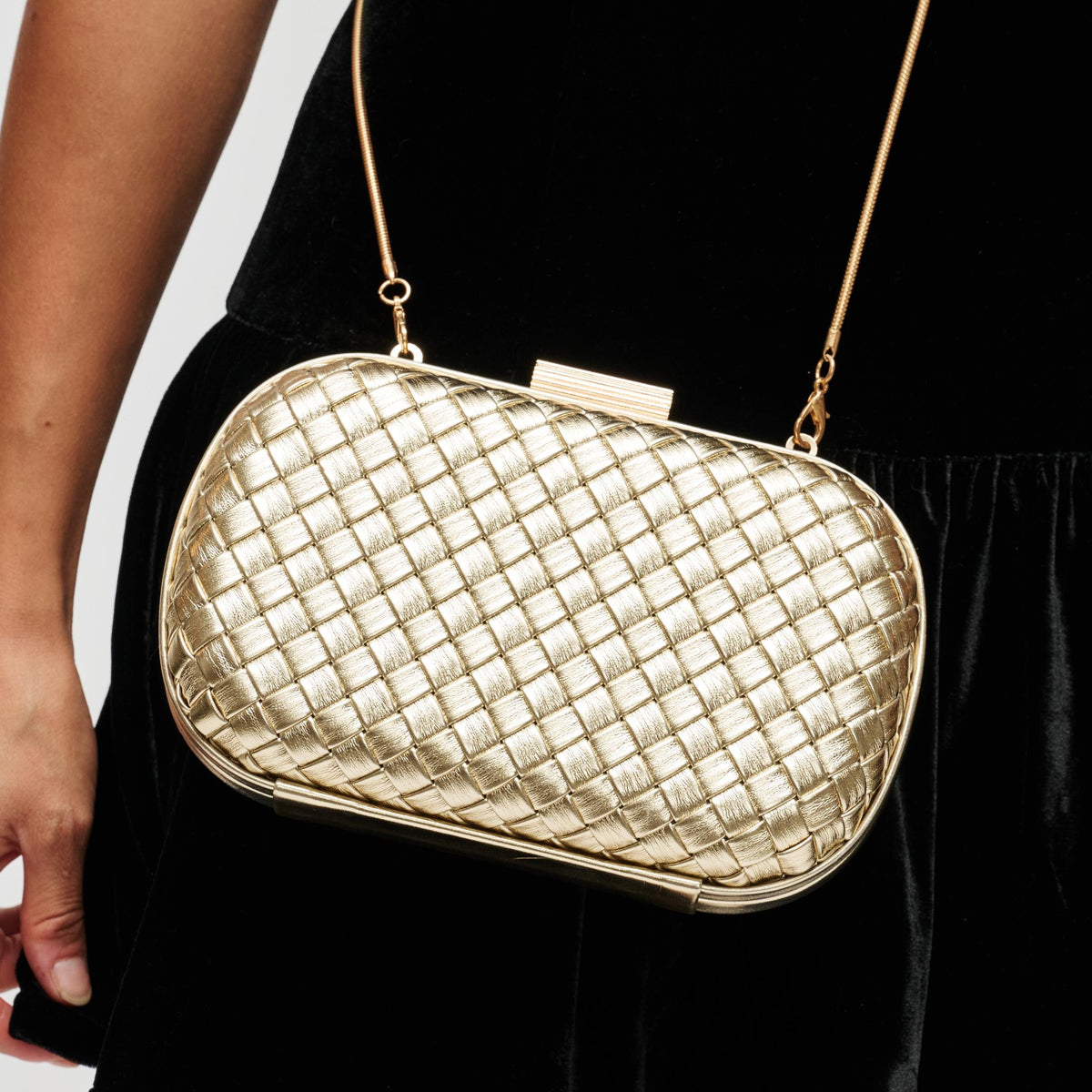 Woman wearing Gold Urban Expressions Roslyn Evening Bag 840504209789 View 1 | Gold