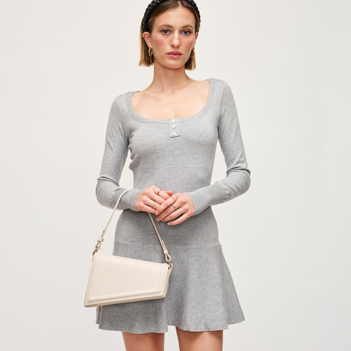 Woman wearing Oatmilk Urban Expressions Sleek Contour Crossbody 840611144911 View 2 | Oatmilk