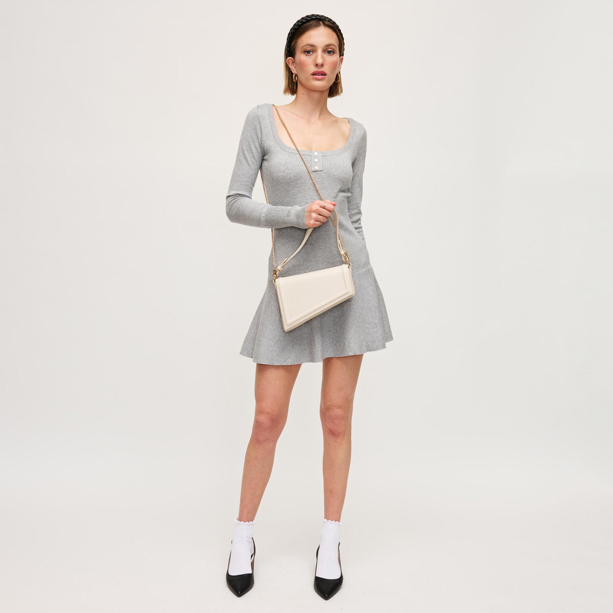 Woman wearing Oatmilk Urban Expressions Sleek Contour Crossbody 840611144911 View 4 | Oatmilk