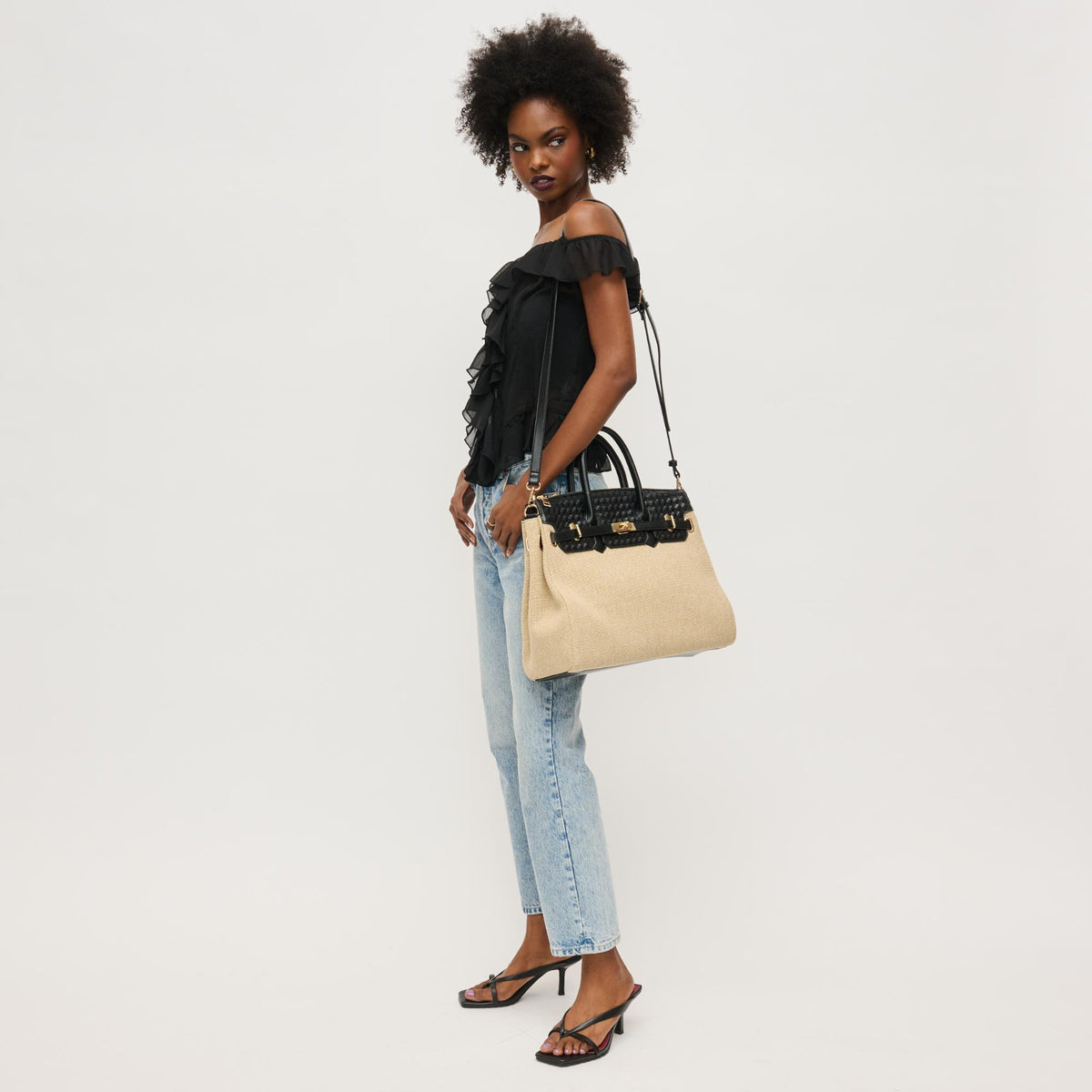 Woman wearing Natural Black Urban Expressions Bertha Satchel 840611133823 View 3 | Natural Black