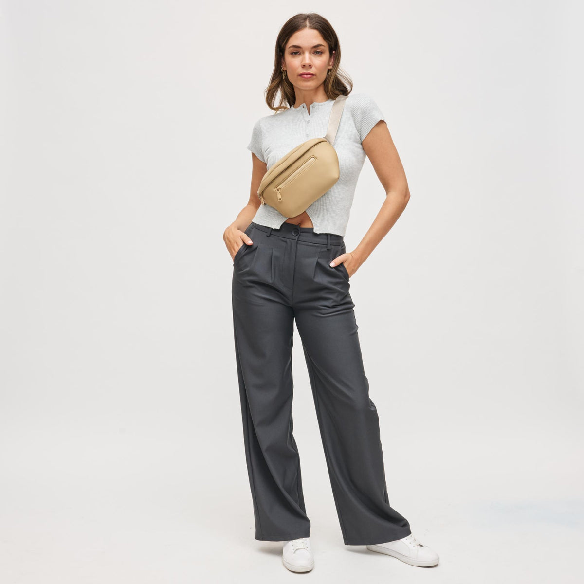 Woman wearing Camel Urban Expressions Celestine Belt Bag 840504200205 View 3 | Camel