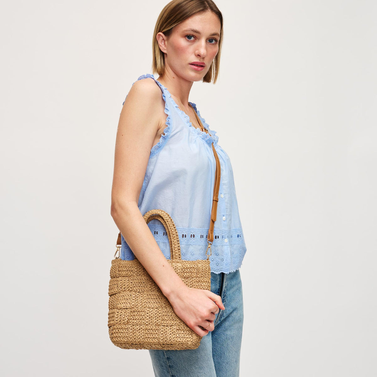 Woman wearing Tan Urban Expressions Chiara Crossbody 840611158567 View 3 | Tan