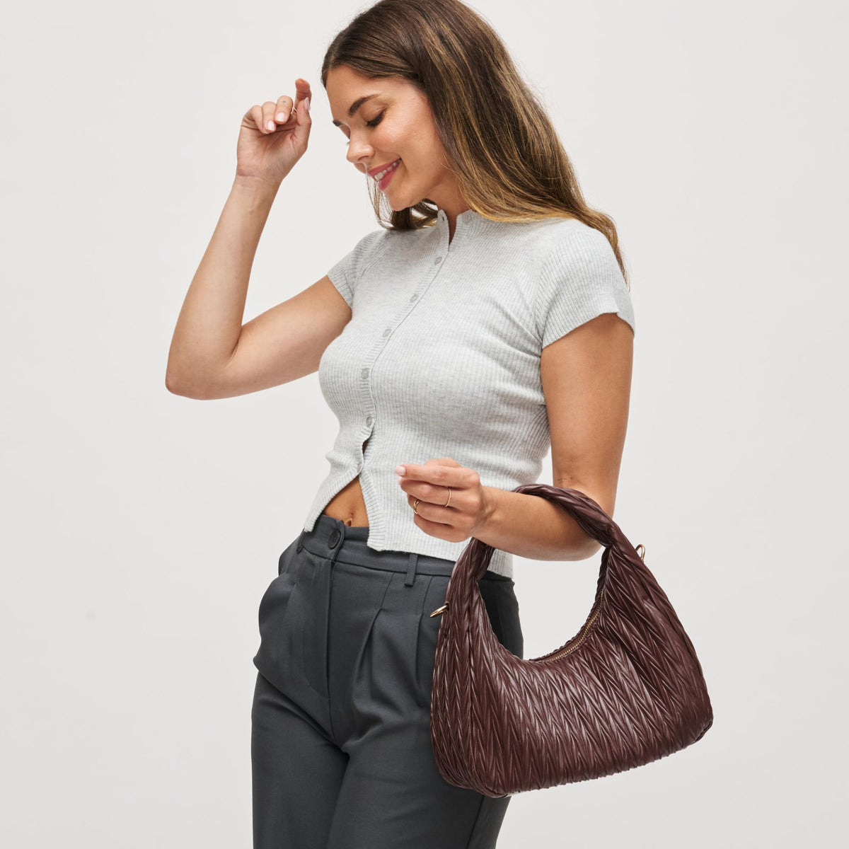 Woman wearing Chocolate Urban Expressions Amara Crossbody 840611198860 View 2 | Chocolate